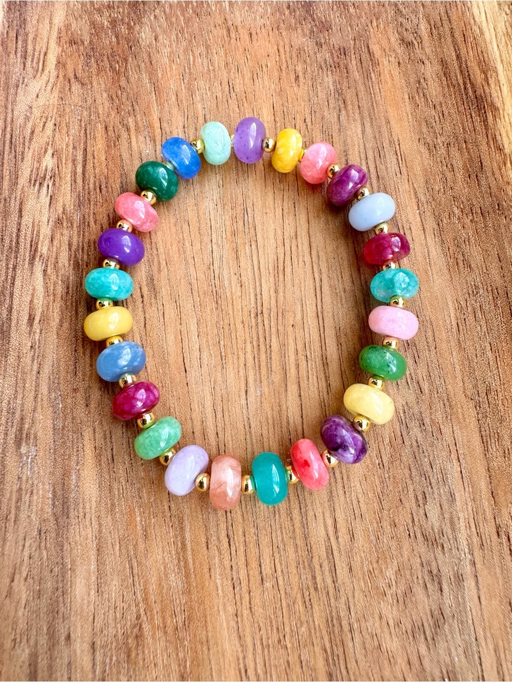 Multicolor Stretch Semi-Precious Gemstone Beaded Bracelet with Gold Accents